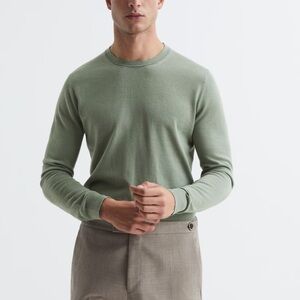 Reiss Men's Olive Crewneck Sweater Merino Wool Jumper in Kale L luxury event